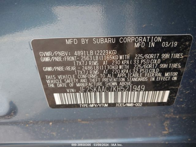 JF2SKAAC7KH521949 Subaru Forester