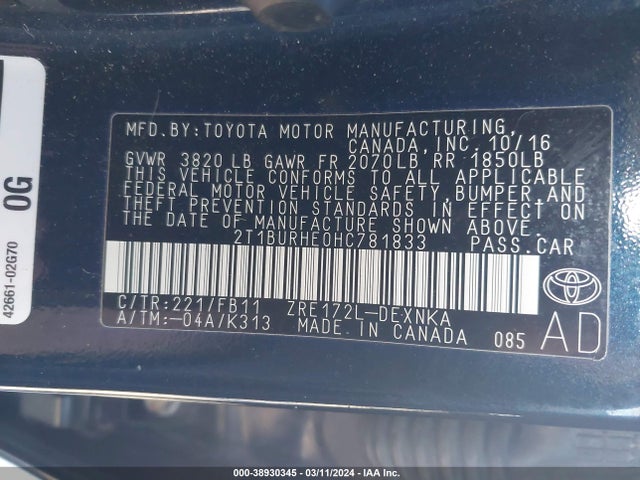 Toyota COROLLA LE 2017 2T1BURHE0HC781833 Image 9