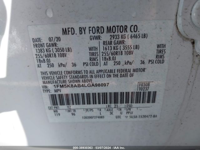 1FM5K8AB4LGA98097 Ford Police Interceptor Utility