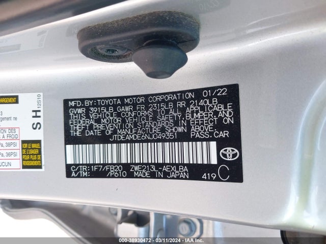 Toyota Corolla Hybrid Le 2022 JTDEAMDE6NJ049351 Image 9