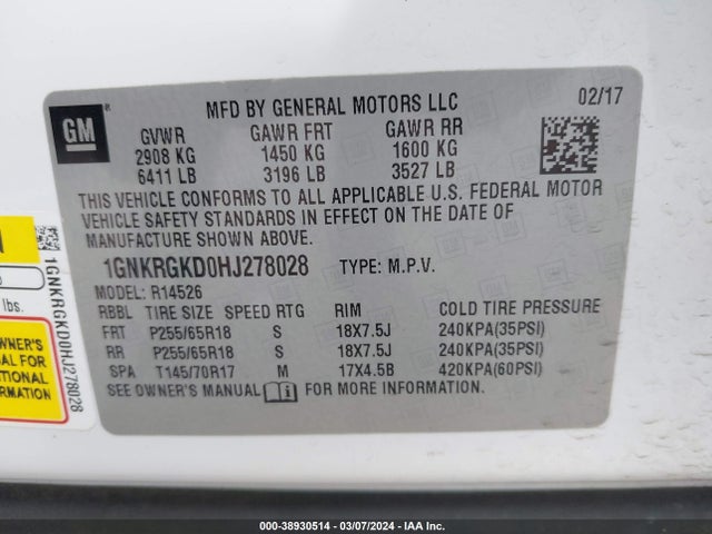 Chevrolet Traverse 1lt 2017 1GNKRGKD0HJ278028 Image 9