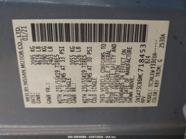 5N1AT3CB6MC718453 Nissan Rogue Sl Intelligent Awd