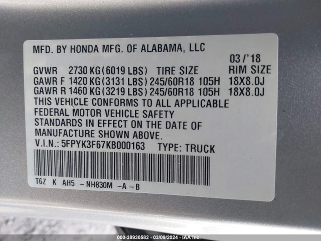 Honda Ridgeline Rtl-t 2019 5FPYK3F67KB000163 Image 9