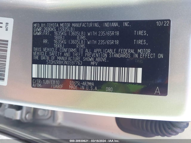 Toyota Highlander Xle 2022 5TDHZRBH3NS597763 Image 9