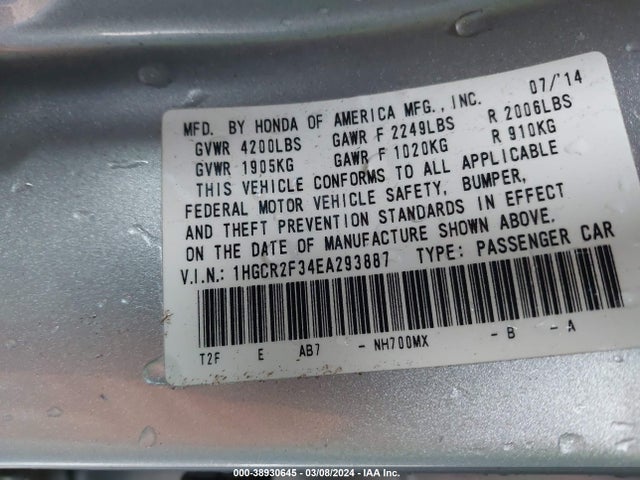 Honda ACCORD LX 2014 1HGCR2F34EA293887 Image 9