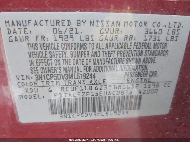 Nissan Kicks Sr Xtronic Cvt 2021 3N1CP5DV3ML519244 Image 9