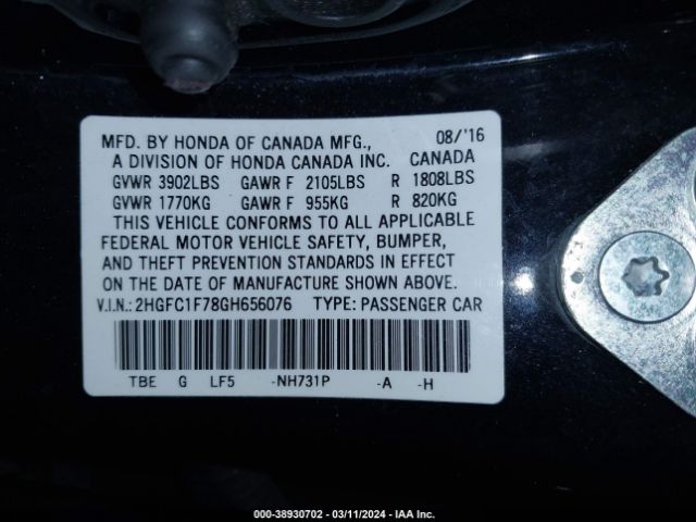 2HGFC1F78GH656076 Honda Civic Ex-l