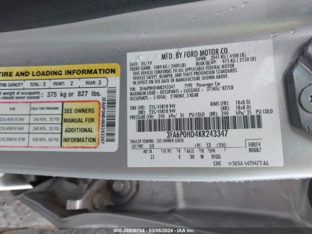 3FA6P0HD4KR243347 Ford FUSION SE