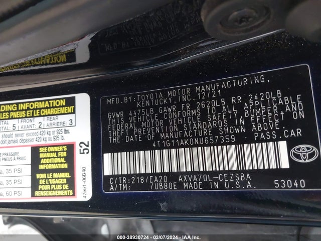 Toyota CAMRY SE 2022 4T1G11AK0NU657359 Image 9