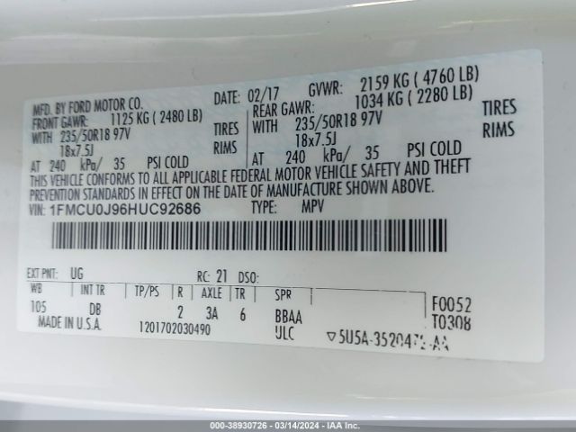 2017 FORD ESCAPE 1FMCU0J96HUC92686 Photo 8