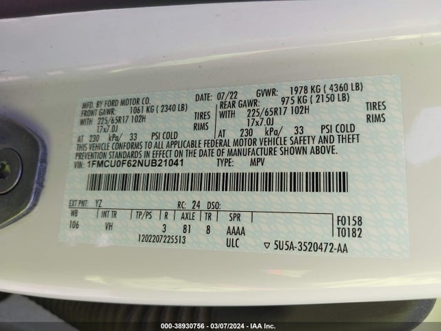 Ford ESCAPE S 2022 1FMCU0F62NUB21041 Image 9