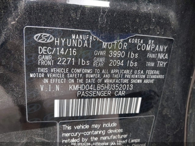 38930784 :رقم المزاد ، KMHD04LB5HU352013 vin ، 2017 Hyundai Elantra Sport مزاد بيع