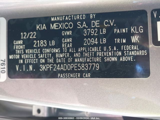 3KPF24AD0PE583779 KIA Forte Lxs