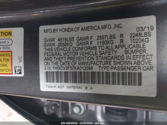1HGCV3F57KA012096 Honda Accord Hybrid Ex-l