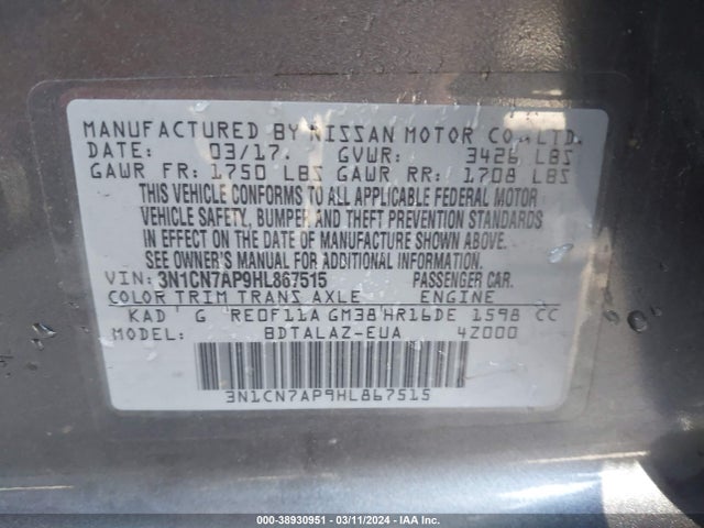 Nissan Versa 1.6 S+ 2017 3N1CN7AP9HL867515 Image 9
