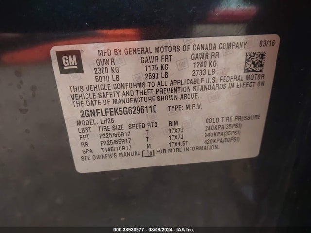 Chevrolet EQUINOX LT 2016 2GNFLFEK5G6296110 Image 9