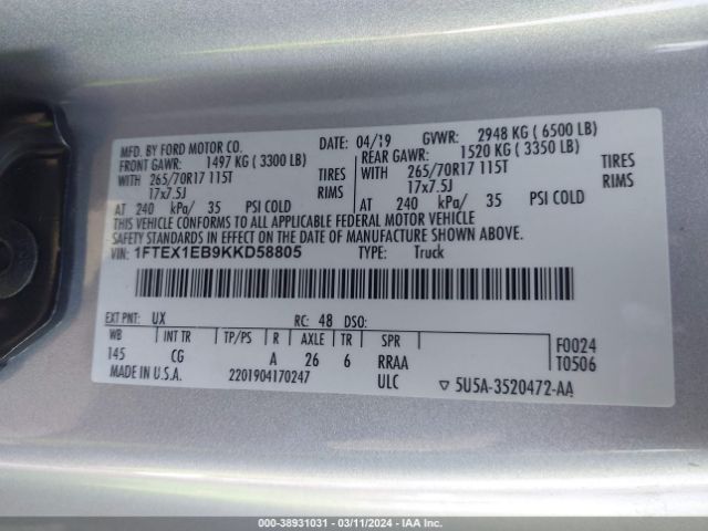 1FTEX1EB9KKD58805 Ford F-150 Xl