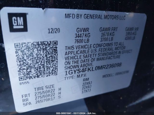 1GYS4FKL0MR236098 Cadillac Escalade 4wd Sport