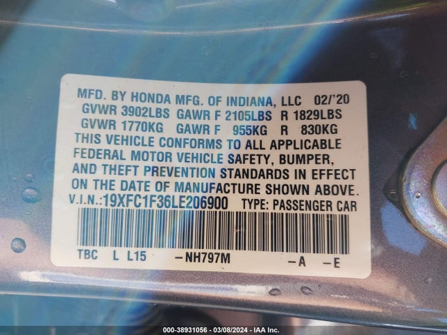 Honda CIVIC EX 2020 19XFC1F36LE206900 Image 9