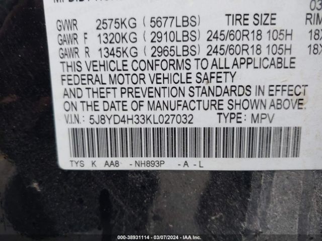 5J8YD4H33KL027032 Acura Mdx Standard