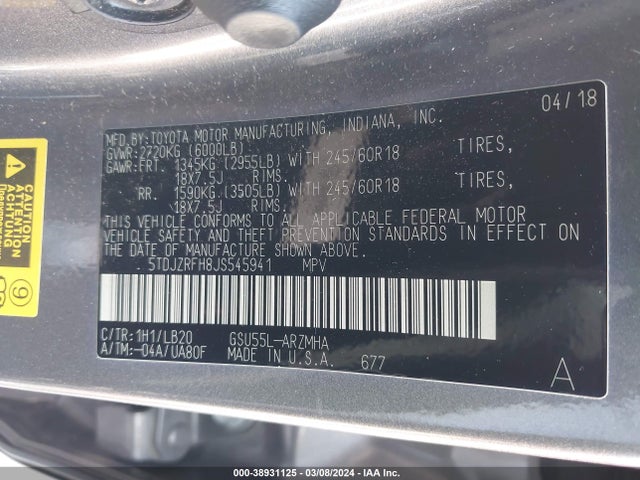Toyota Highlander Xle 2018 5TDJZRFH8JS545941 Image 9