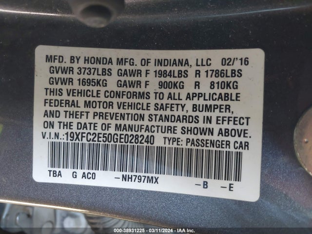 Honda Civic Lx 2016 19XFC2E50GE028240 Image 9