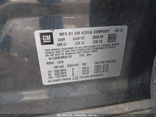 Chevrolet Trax Fwd Ls 2021 KL7CJKSB1MB321797 Image 9