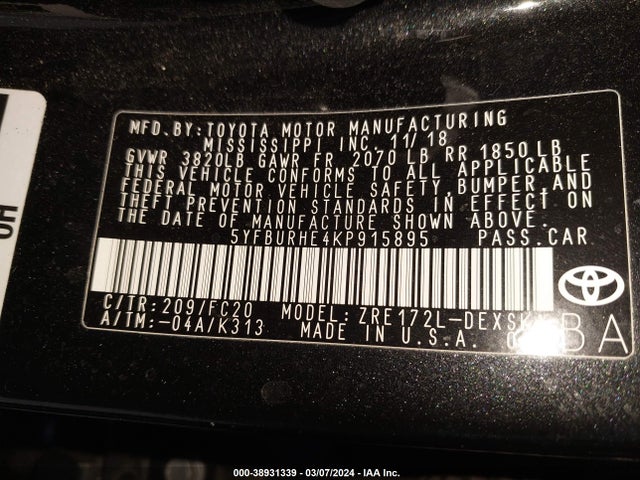 Toyota COROLLA SE 2019 5YFBURHE4KP915895 Image 9