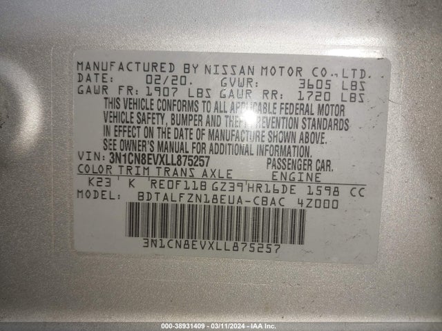 Nissan Versa Sv Xtronic Cvt 2020 3N1CN8EVXLL875257 Image 9