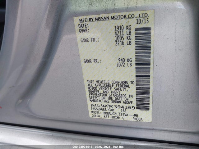 Nissan Altima 2.5 S 2015 1N4AL3AP7FC594169 Image 9