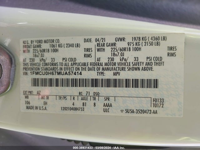 Ford ESCAPE SEL 2021 1FMCU0H67MUA57414 Image 9