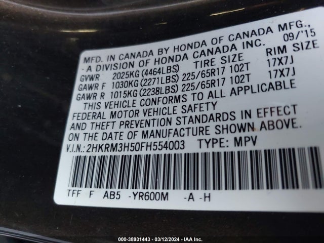 Honda CR-V EX 2015 2HKRM3H50FH554003 Image 9