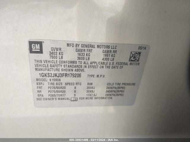 1GKS2JKJ3FR179206 GMC Yukon Xl 1500 Denali