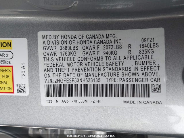 Honda Civic Sport 2022 2HGFE2F53NH533135 Image 9