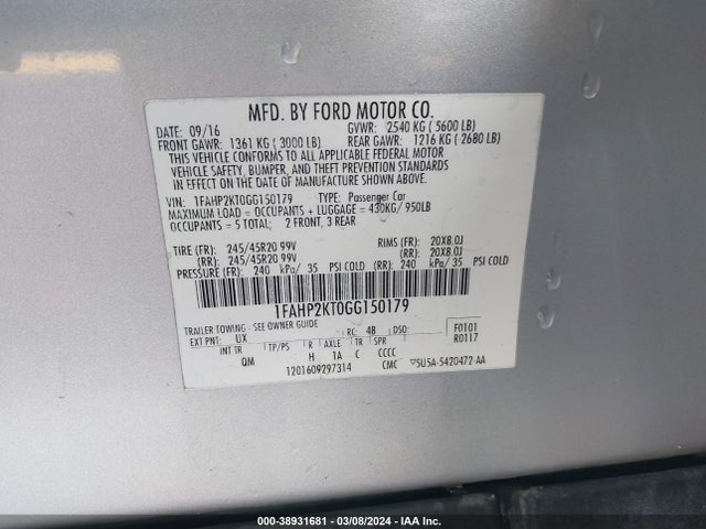 1FAHP2KT0GG150179 Ford TAURUS SHO
