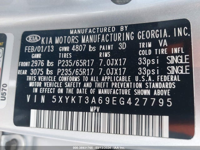 KIA SORENTO LX 2014 5XYKT3A69EG427795 Image 9