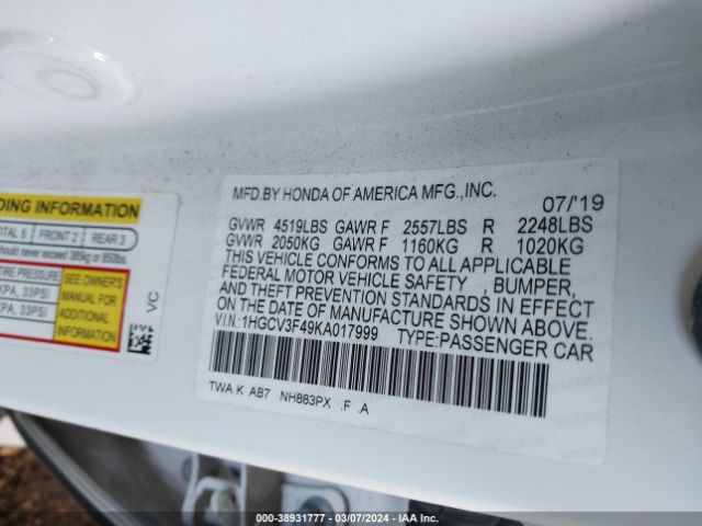 1HGCV3F49KA017999 Honda Accord Hybrid Ex