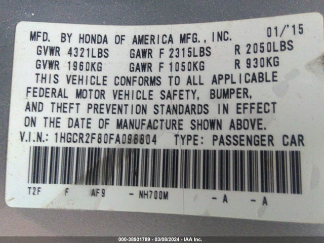 Honda Accord Ex-l 2015 1HGCR2F80FA098804 Image 9