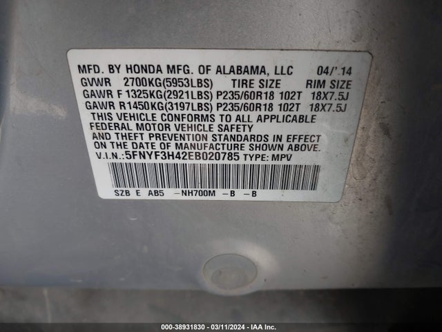 Honda Pilot Ex 2014 5FNYF3H42EB020785 Image 9