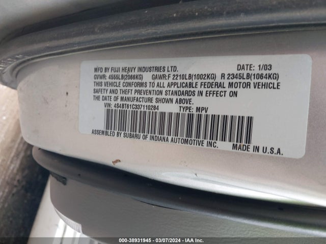 2003 SUBARU BAJA VIN: 4S4BT61C337110284