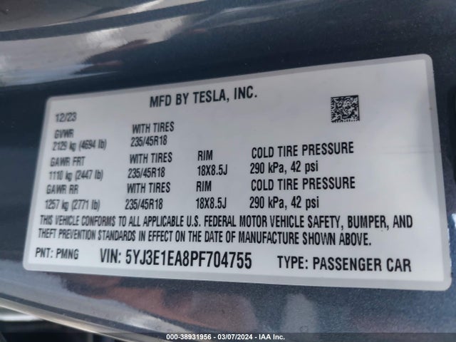 Tesla Model 3 Rear-wheel Drive 2023 5YJ3E1EA8PF704755 Image 9