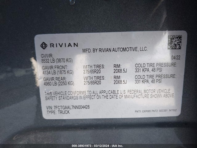 Rivian R1t Launch Edition 2022 7FCTGAAL7NN004428 Image 9