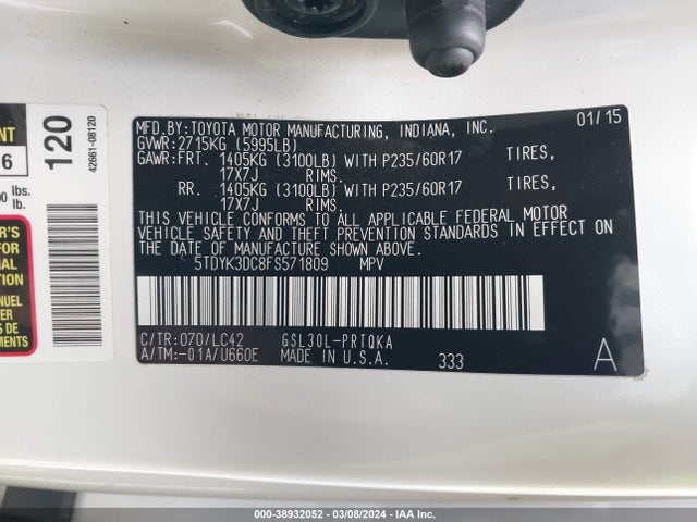 Toyota Sienna Xle 8 Passenger 2015 5TDYK3DC8FS571809 Image 9