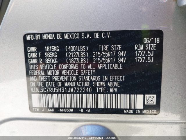 3CZRU5H31JM722240 Honda HR-V LX