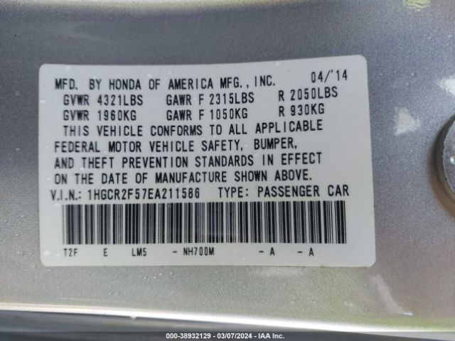 1HGCR2F57EA211586 Honda Accord Sport
