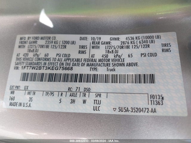Ford F-250 Xlt 2019 1FT7W2BT3KEG75668 Image 9
