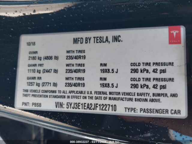 5YJ3E1EA2JF122710 Tesla Model 3 Long Range/mid Range