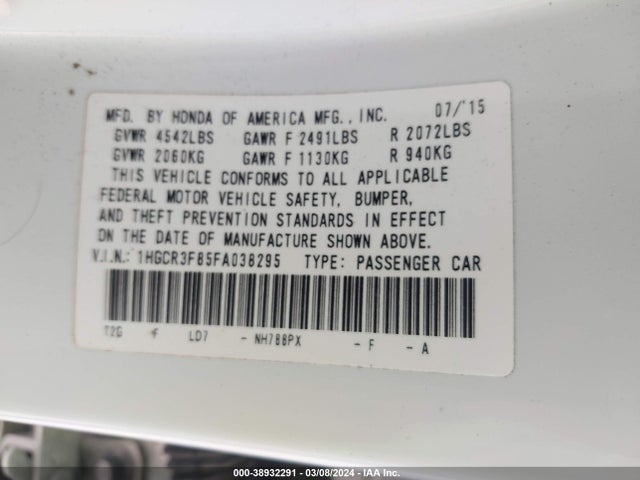 Honda Accord Ex-l V-6 2015 1HGCR3F85FA038295 Image 9