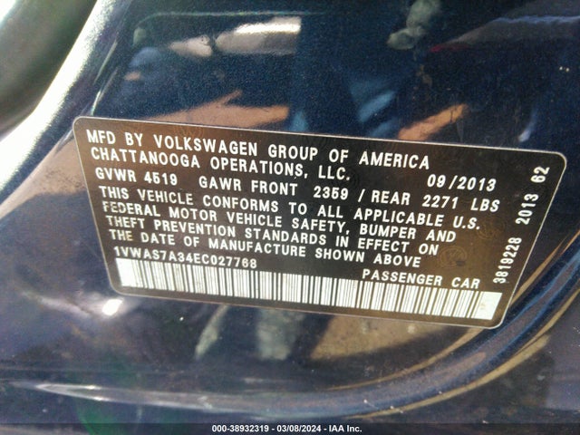 Volkswagen Passat 1.8t S 2014 1VWAS7A34EC027768 Image 9