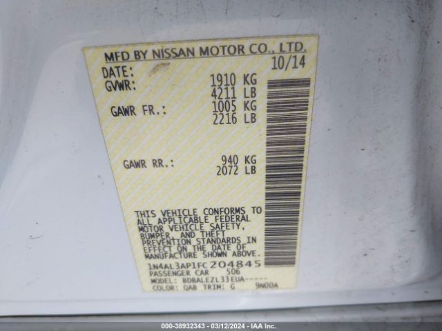 1N4AL3AP1FC204845 Nissan Altima 2.5/2.5 S/2.5 Sl/2.5 Sv